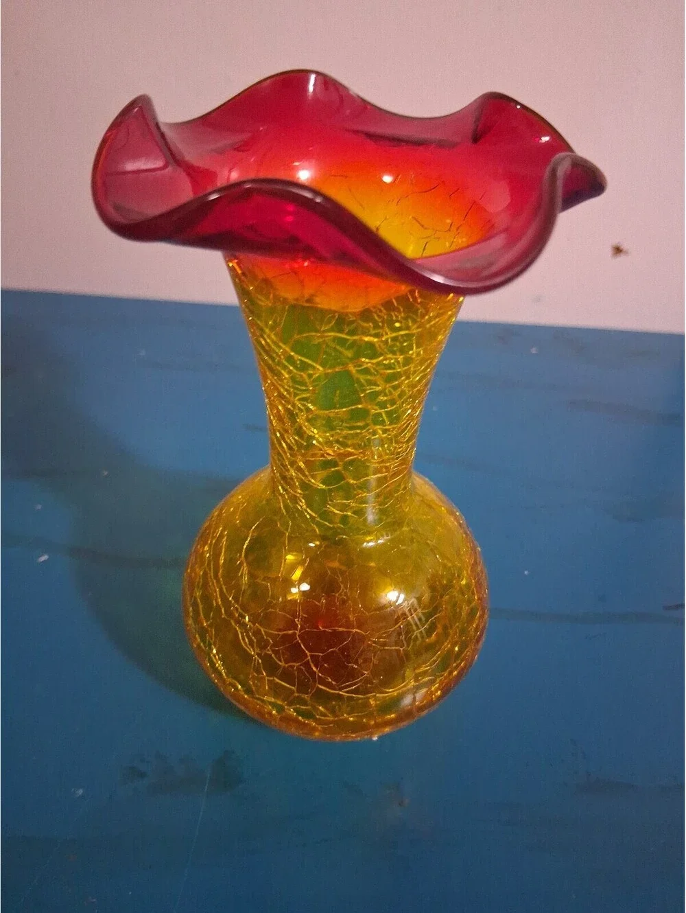 Vintage Crackle Glass Vase with Red and Yellow Gradient